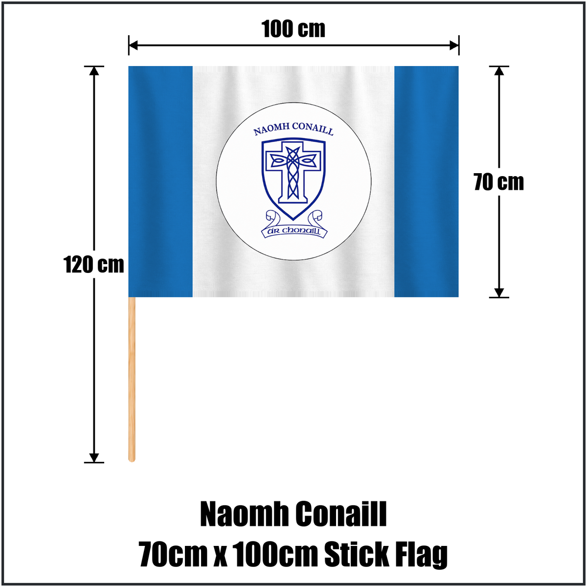 Naomh Conaill 70cm x 100cm Stick Flag, featuring the club crest and blue and white colours; County Donegal GAA. ClubFlags.ie.