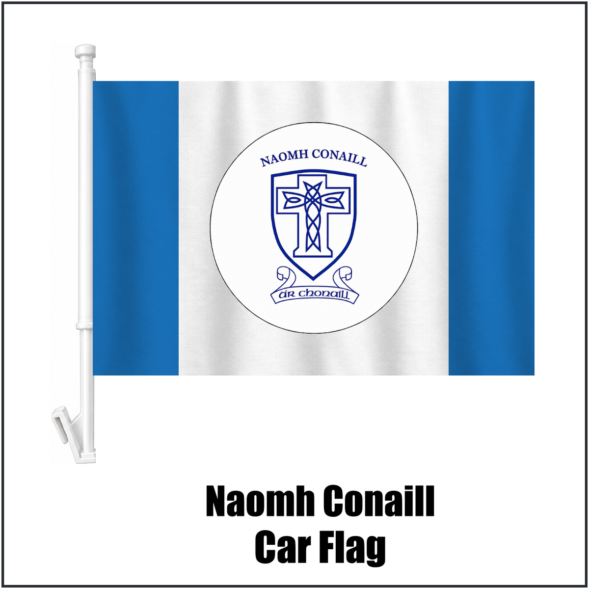 Naomh Conaill Car Flag, featuring the club crest and blue and white colours; County Donegal GAA. ClubFlags.ie.