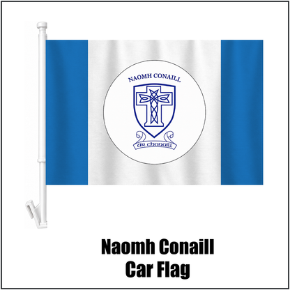 Naomh Conaill Car Flag, featuring the club crest and blue and white colours; County Donegal GAA. ClubFlags.ie.