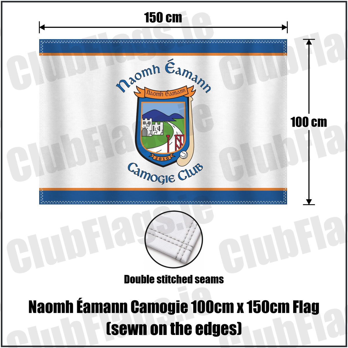 Naomh Éamann Camogie 100cm x 150cm Flag (sewn on the edges), featuring the club crest and blue and orange and white colours; County Laois camogie. ClubFlags.ie.