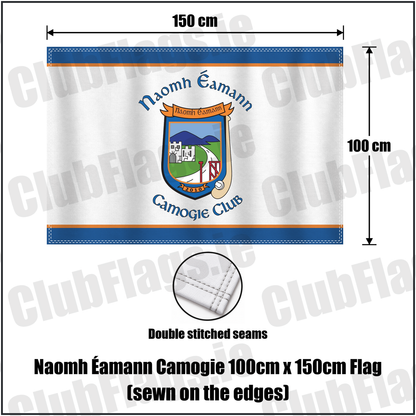Naomh Éamann Camogie 100cm x 150cm Flag (sewn on the edges), featuring the club crest and blue and orange and white colours; County Laois camogie. ClubFlags.ie.