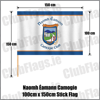Naomh Éamann Camogie 100cm x 150cm Stick Flag, featuring the club crest and blue and orange and white colours; County Laois camogie. ClubFlags.ie.
