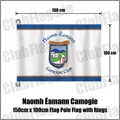 Naomh Éamann Camogie 150cm x 100cm Flag Pole Flag with Rings, featuring the club crest and blue and orange and white colours; County Laois camogie. ClubFlags.ie.