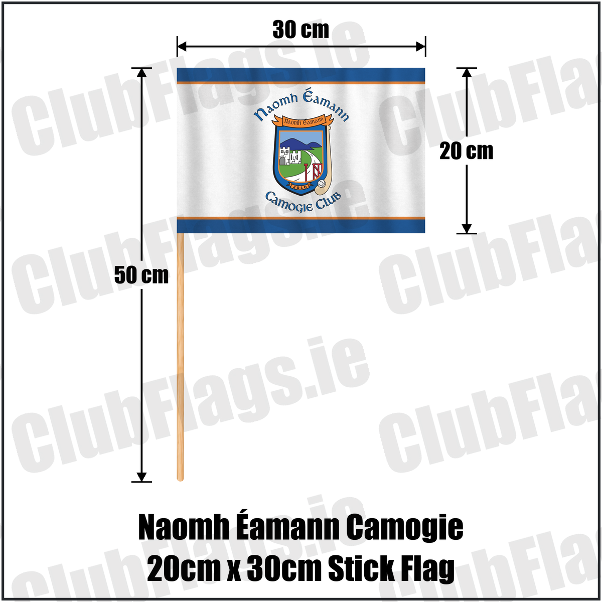 Naomh Éamann Camogie 20cm x 30cm Stick Flag, featuring the club crest and blue and orange and white colours; County Laois camogie. ClubFlags.ie.