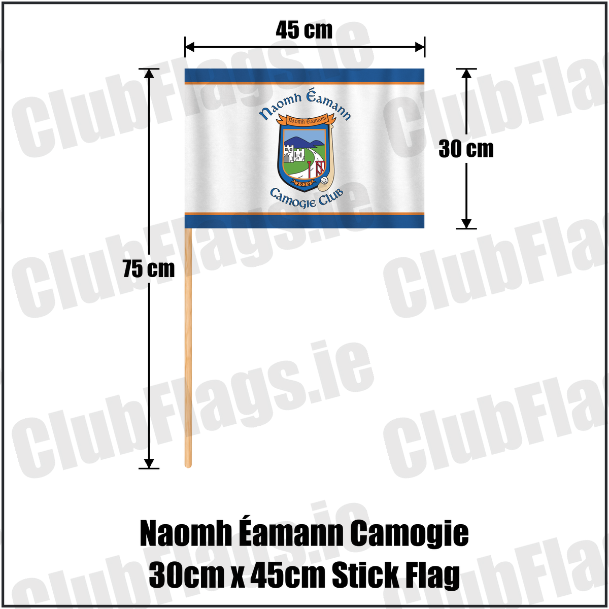 Naomh Éamann Camogie 30cm x 45cm Stick Flag, featuring the club crest and blue and orange and white colours; County Laois camogie. ClubFlags.ie.