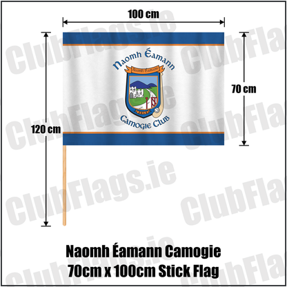 Naomh Éamann Camogie 70cm x 100cm Stick Flag, featuring the club crest and blue and orange and white colours; County Laois camogie. ClubFlags.ie.