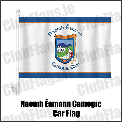 Naomh Éamann Camogie Car Flag, featuring the club crest and blue and orange and white colours; County Laois camogie. ClubFlags.ie.