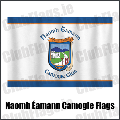 Naomh Éamann Camogie Flags, featuring the club crest and blue and orange and white colours; County Laois camogie. ClubFlags.ie.