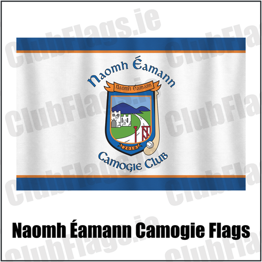 Naomh Éamann Camogie Flags, featuring the club crest and blue and orange and white colours; County Laois camogie. ClubFlags.ie.