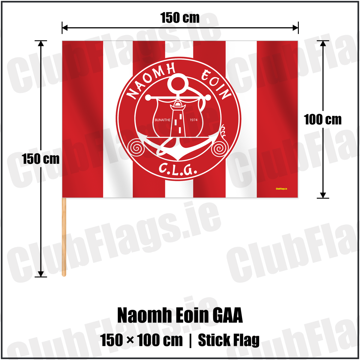 Naomh Eoin GAA 100cm x 150cm Stick Flag with the verified club crest and colours, Clare GAA - ClubFlags.ie