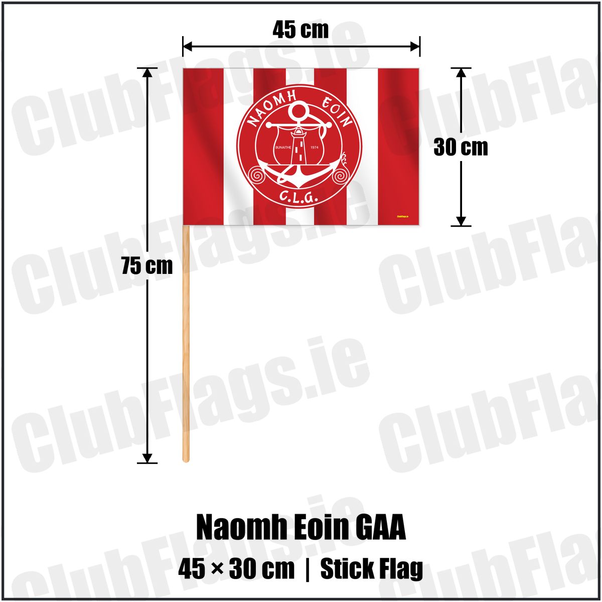 Naomh Eoin GAA 30cm x 45cm Stick Flag with the verified club crest and colours, Clare GAA - ClubFlags.ie
