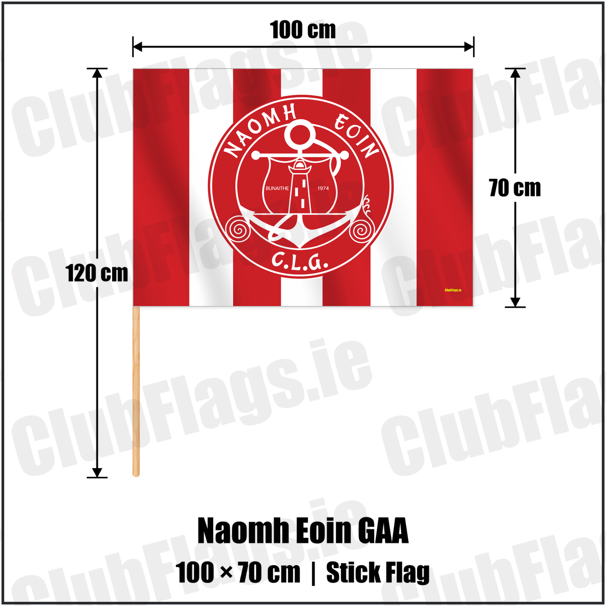 Naomh Eoin GAA 70cm x 100cm Stick Flag with the verified club crest and colours, Clare GAA - ClubFlags.ie