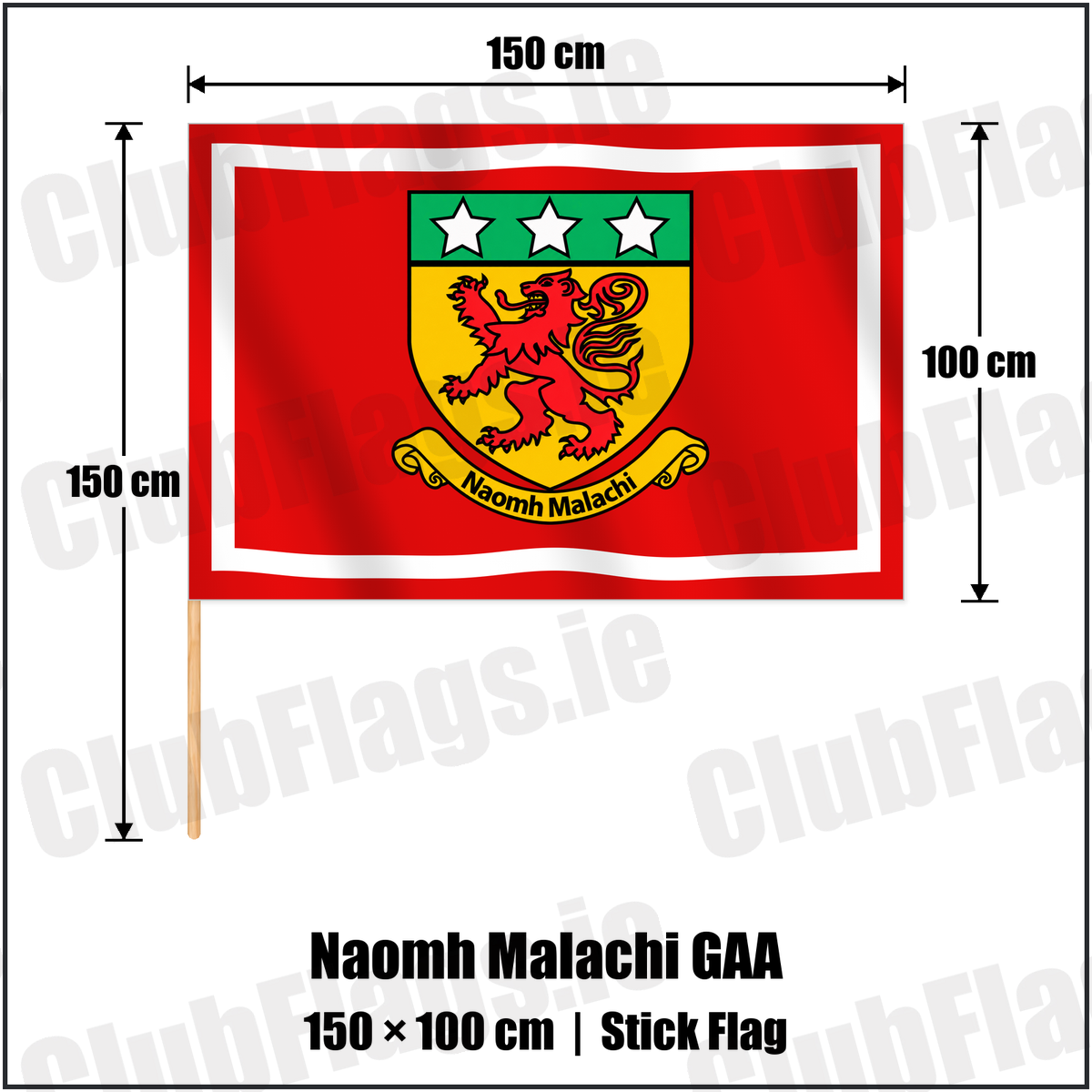 Naomh Malachi GAA 100cm x 150cm Stick Flag with the club crest and colours, Louth GAA - ClubFlags.ie