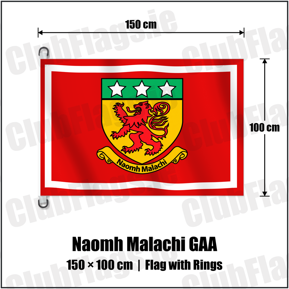 Naomh Malachi GAA 150cm x 100cm Flag Pole Flag with Rings with the club crest and colours, Louth GAA - ClubFlags.ie