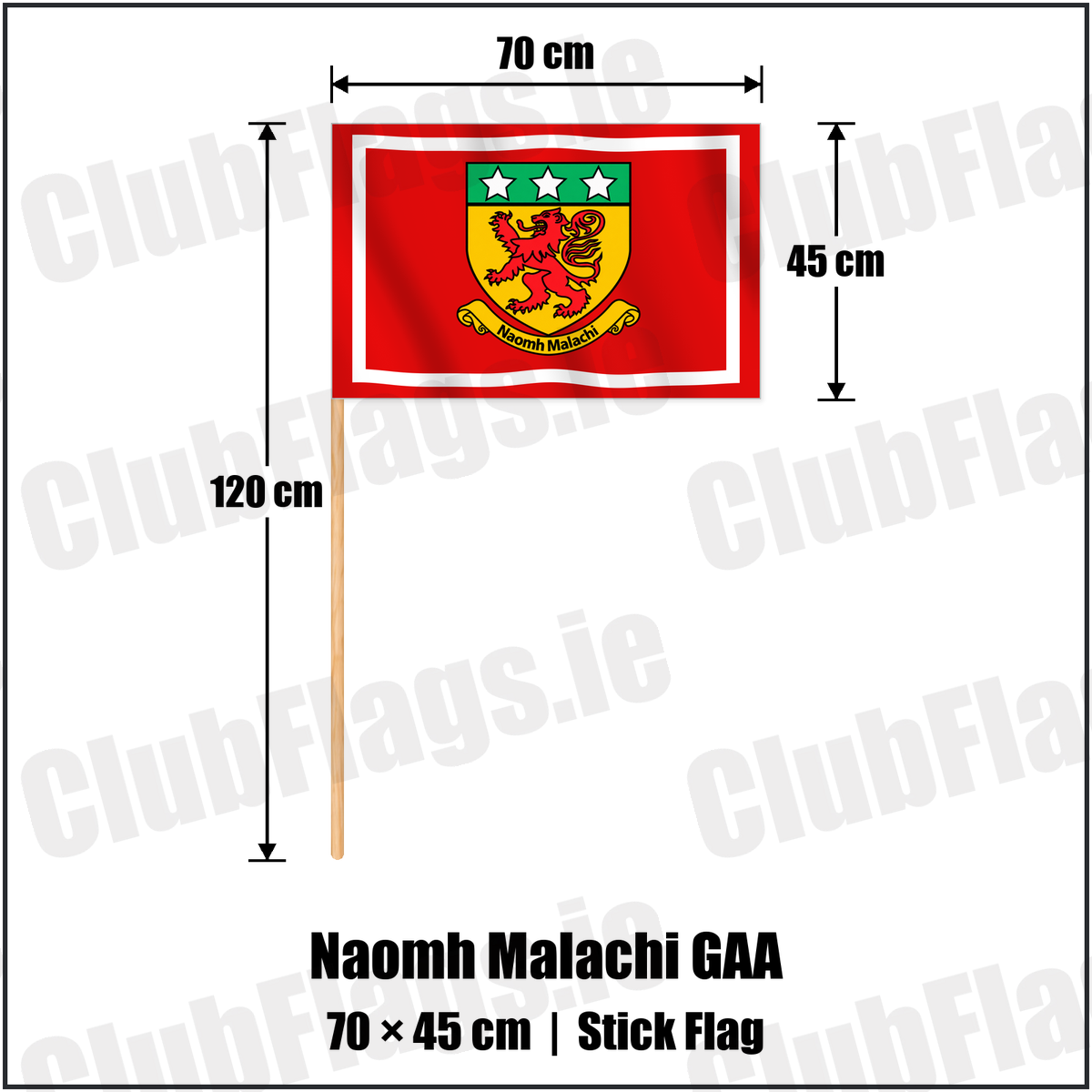 Naomh Malachi GAA 45cm x 70cm Stick Flag with the club crest and colours, Louth GAA - ClubFlags.ie