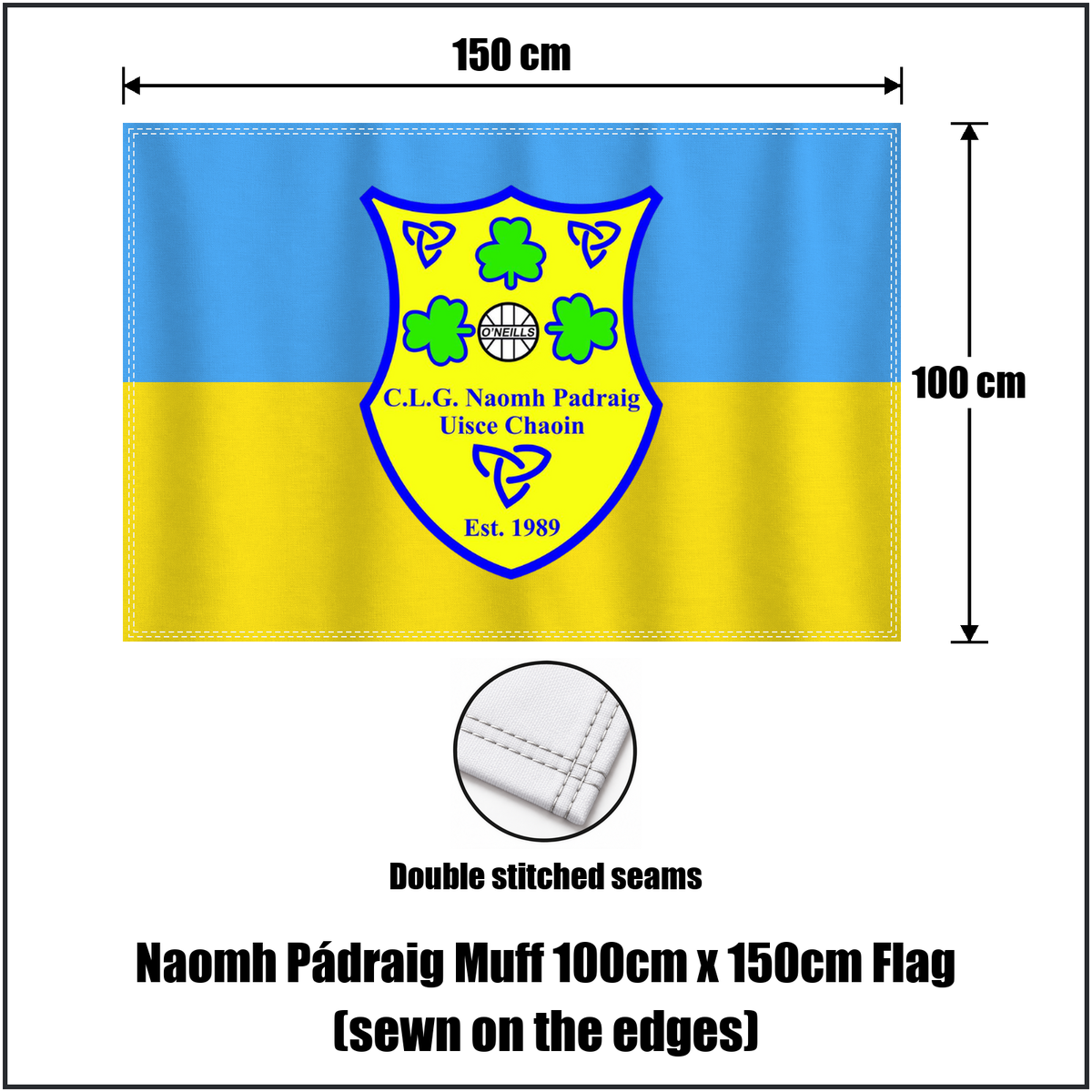 Naomh Pádraig Muff 100cm x 150cm Flag (sewn on the edges), featuring the club crest and blue and gold colours; County Donegal GAA. ClubFlags.ie.