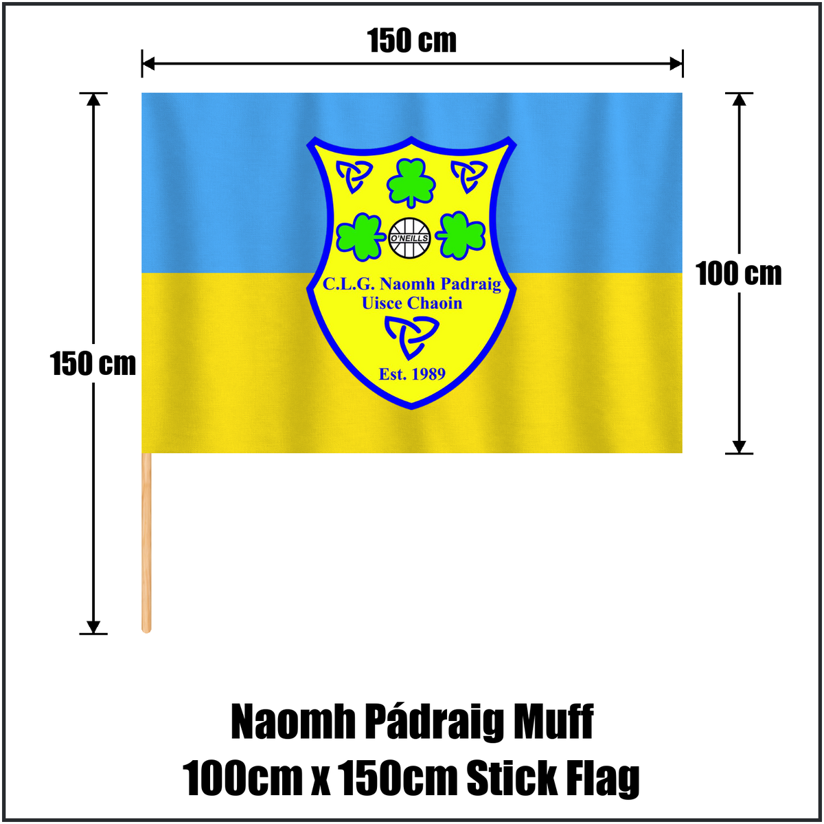 Naomh Pádraig Muff 100cm x 150cm Stick Flag, featuring the club crest and blue and gold colours; County Donegal GAA. ClubFlags.ie.