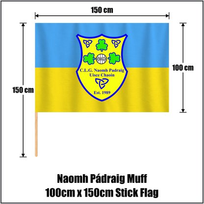 Naomh Pádraig Muff 100cm x 150cm Stick Flag, featuring the club crest and blue and gold colours; County Donegal GAA. ClubFlags.ie.