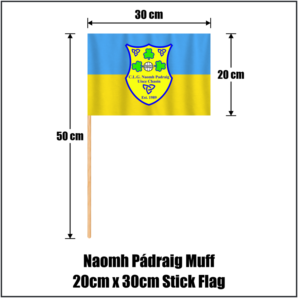Naomh Pádraig Muff 20cm x 30cm Stick Flag, featuring the club crest and blue and gold colours; County Donegal GAA. ClubFlags.ie.