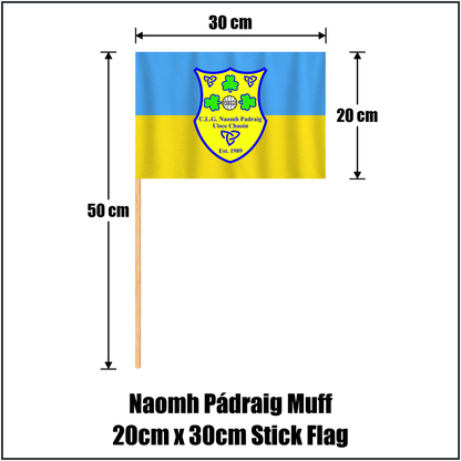 Naomh Pádraig Muff 20cm x 30cm Stick Flag, featuring the club crest and blue and gold colours; County Donegal GAA. ClubFlags.ie.