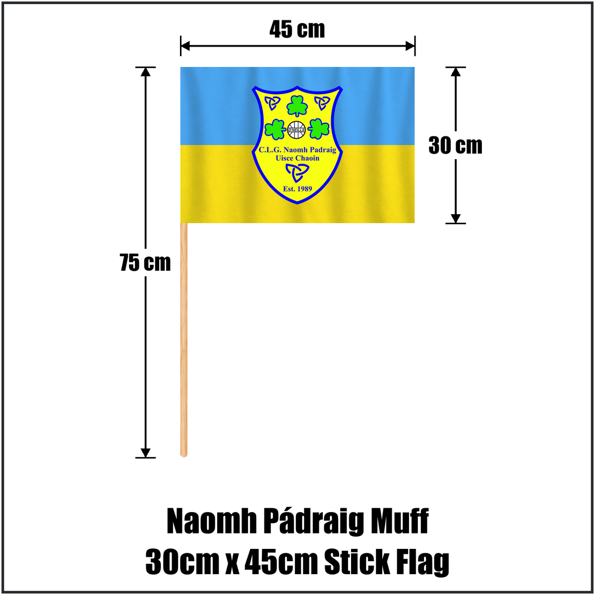 Naomh Pádraig Muff 30cm x 45cm Stick Flag, featuring the club crest and blue and gold colours; County Donegal GAA. ClubFlags.ie.