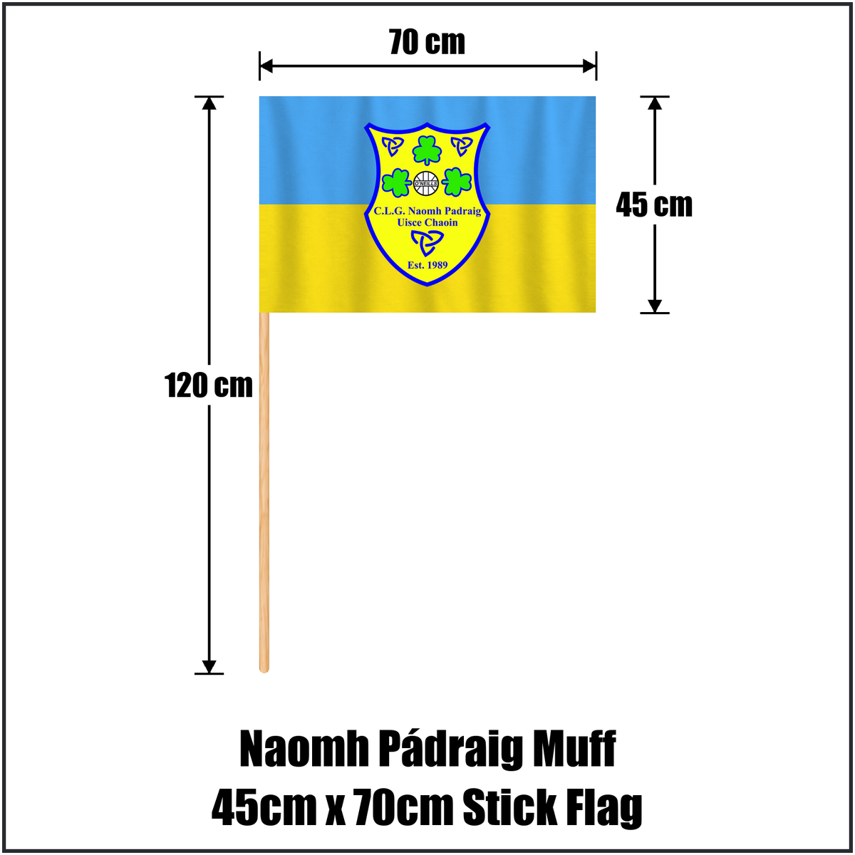 Naomh Pádraig Muff 45cm x 70cm Stick Flag, featuring the club crest and blue and gold colours; County Donegal GAA. ClubFlags.ie.