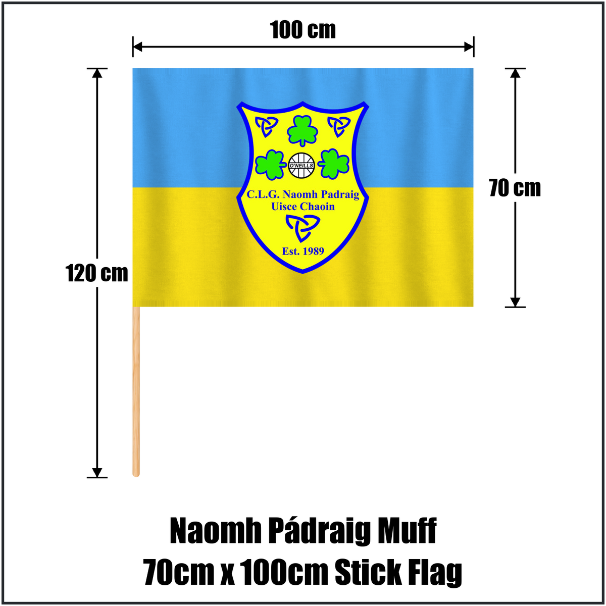 Naomh Pádraig Muff 70cm x 100cm Stick Flag, featuring the club crest and blue and gold colours; County Donegal GAA. ClubFlags.ie.