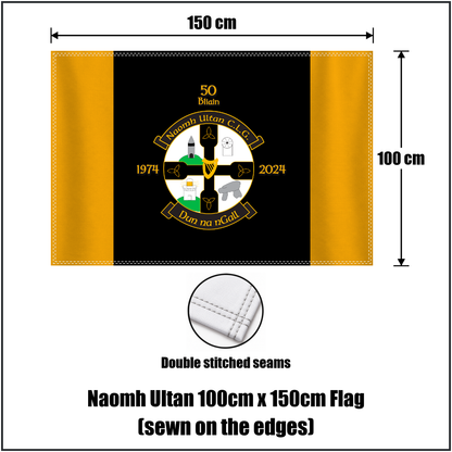 Naomh Ultan 100cm x 150cm Flag (sewn on the edges), featuring the club crest and gold and black colours; County Donegal GAA. ClubFlags.ie.