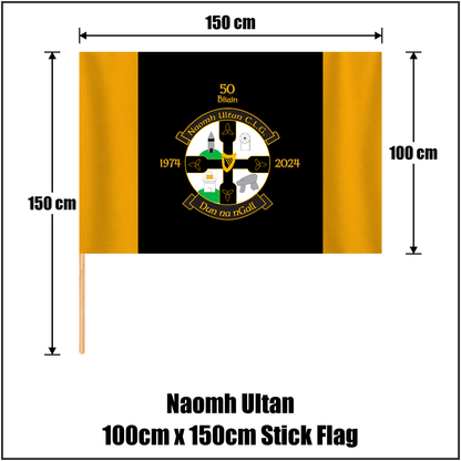 Naomh Ultan 100cm x 150cm Stick Flag, featuring the club crest and gold and black colours; County Donegal GAA. ClubFlags.ie.