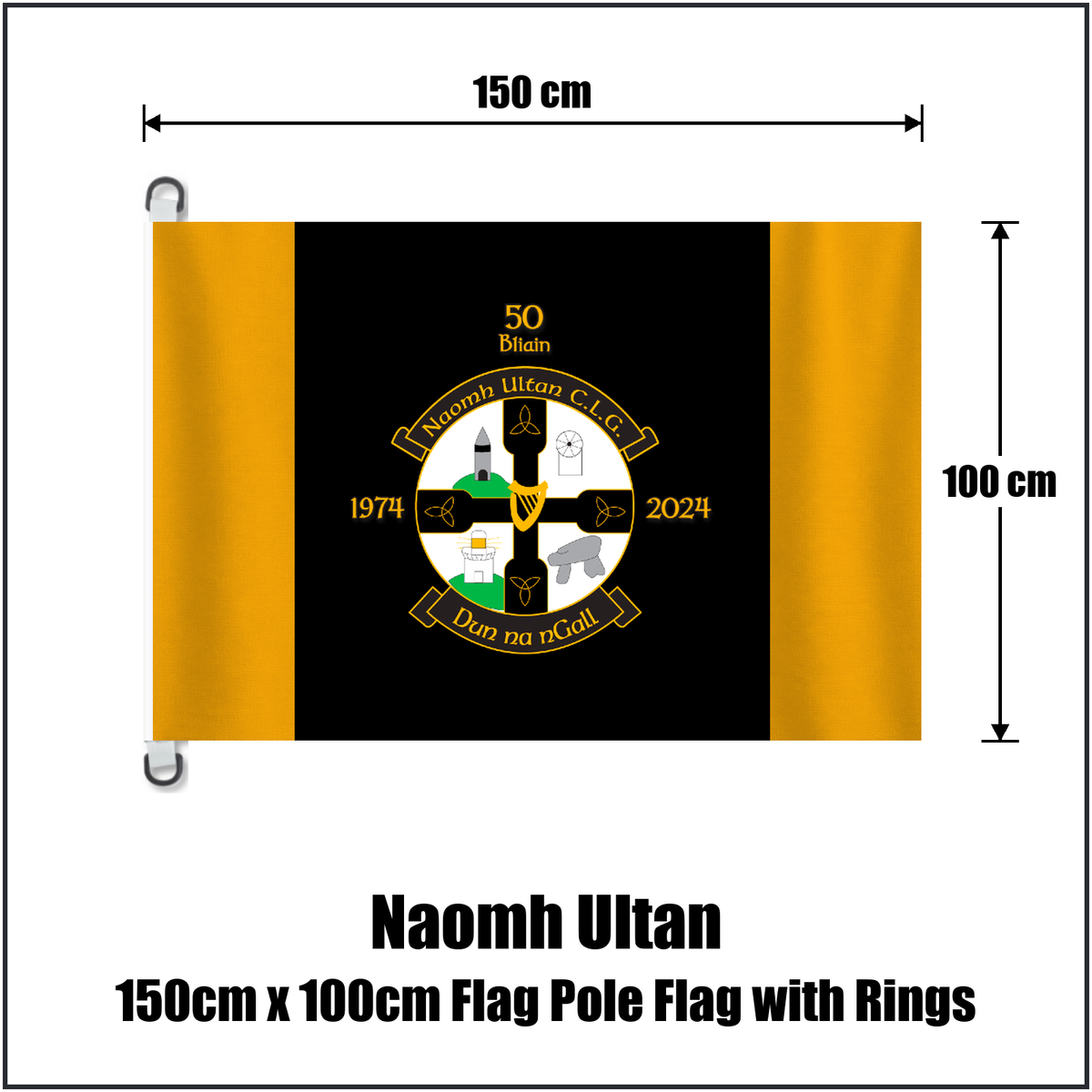 Naomh Ultan 150cm x 100cm Flag Pole Flag with Rings, featuring the club crest and gold and black colours; County Donegal GAA. ClubFlags.ie.
