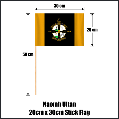 Naomh Ultan 20cm x 30cm Stick Flag, featuring the club crest and gold and black colours; County Donegal GAA. ClubFlags.ie.