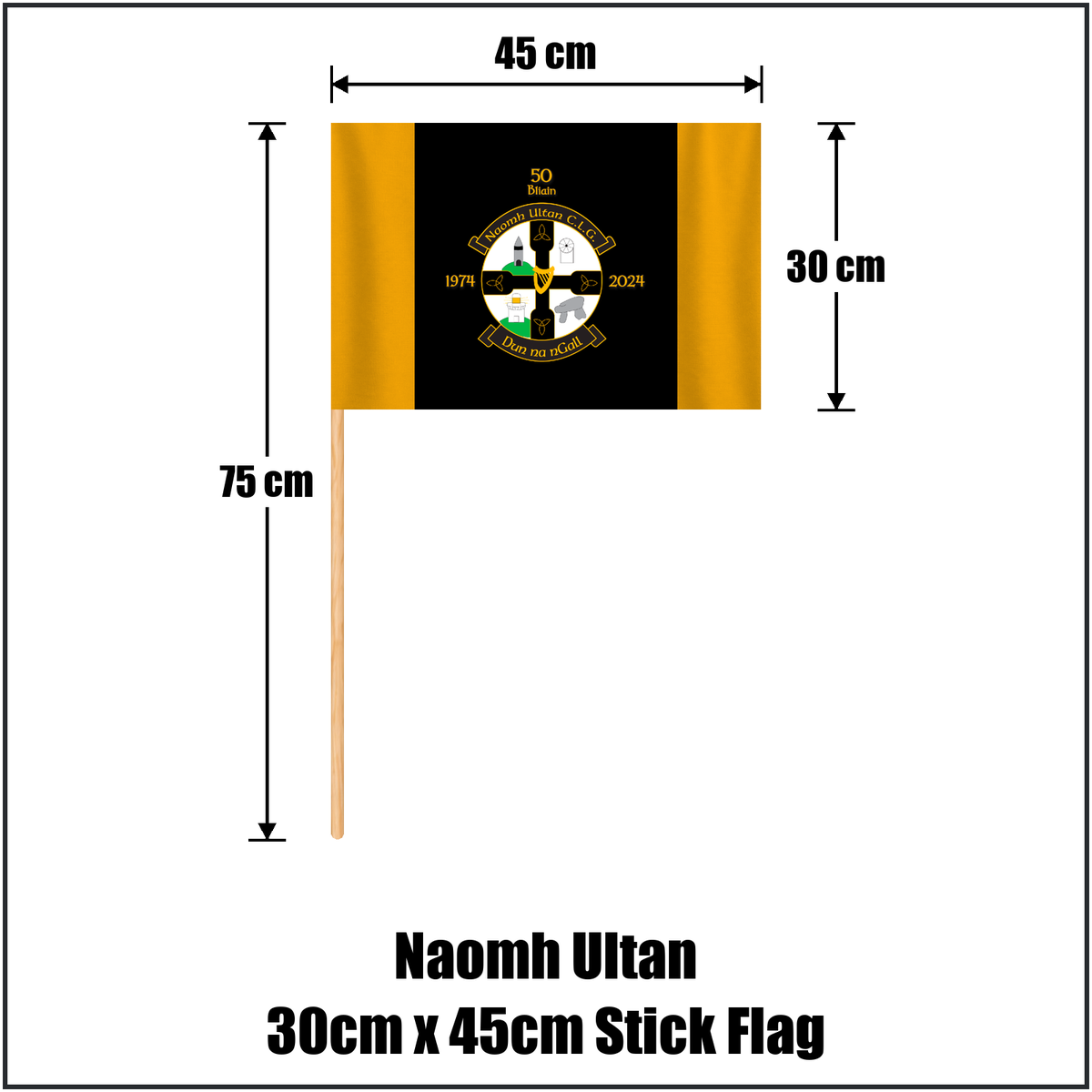 Naomh Ultan 30cm x 45cm Stick Flag, featuring the club crest and gold and black colours; County Donegal GAA. ClubFlags.ie.