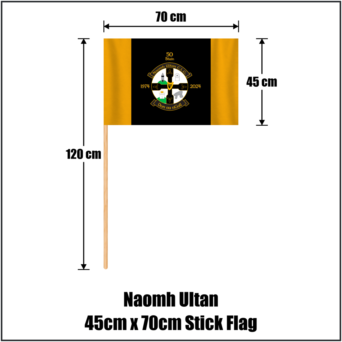 Naomh Ultan 45cm x 70cm Stick Flag, featuring the club crest and gold and black colours; County Donegal GAA. ClubFlags.ie.
