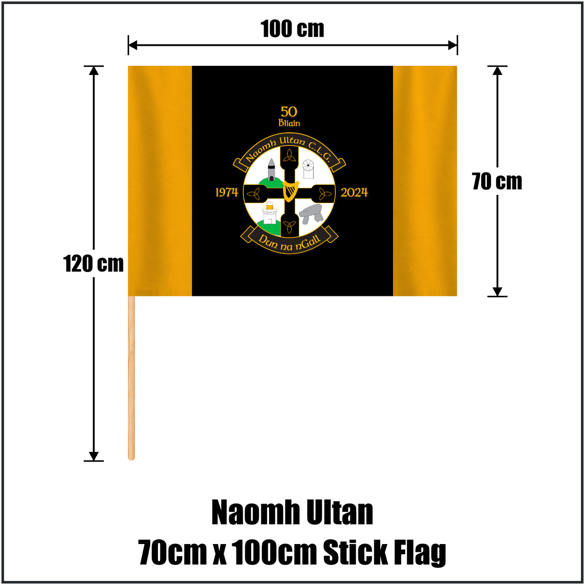 Naomh Ultan 70cm x 100cm Stick Flag, featuring the club crest and gold and black colours; County Donegal GAA. ClubFlags.ie.