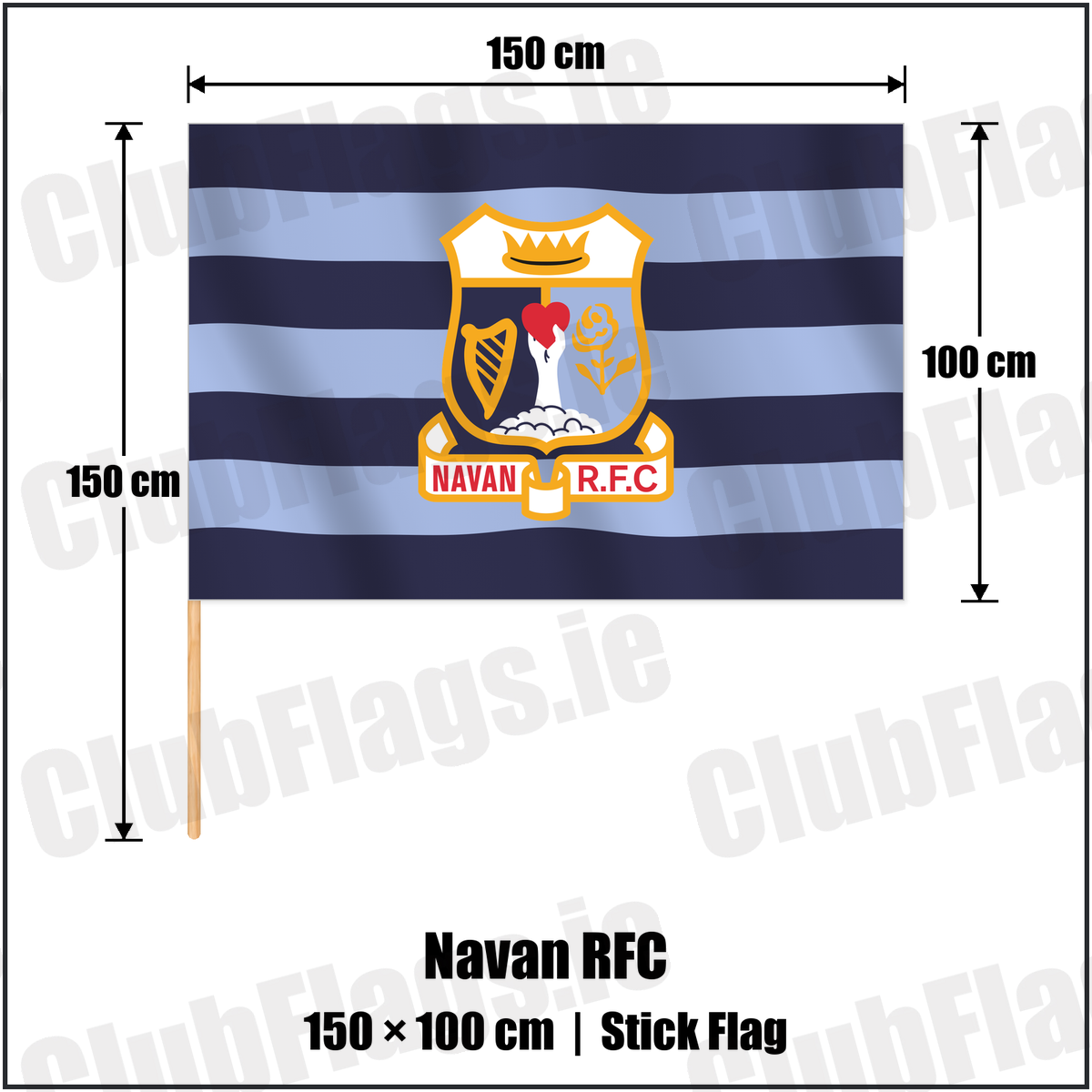Navan RFC 100cm x 150cm Stick Flag with the club crest and colours, Meath Rugby - ClubFlags.ie