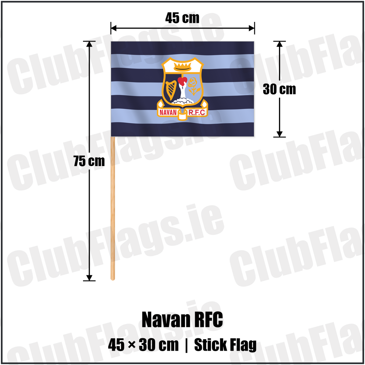 Navan RFC 30cm x 45cm Stick Flag with the club crest and colours, Meath Rugby - ClubFlags.ie