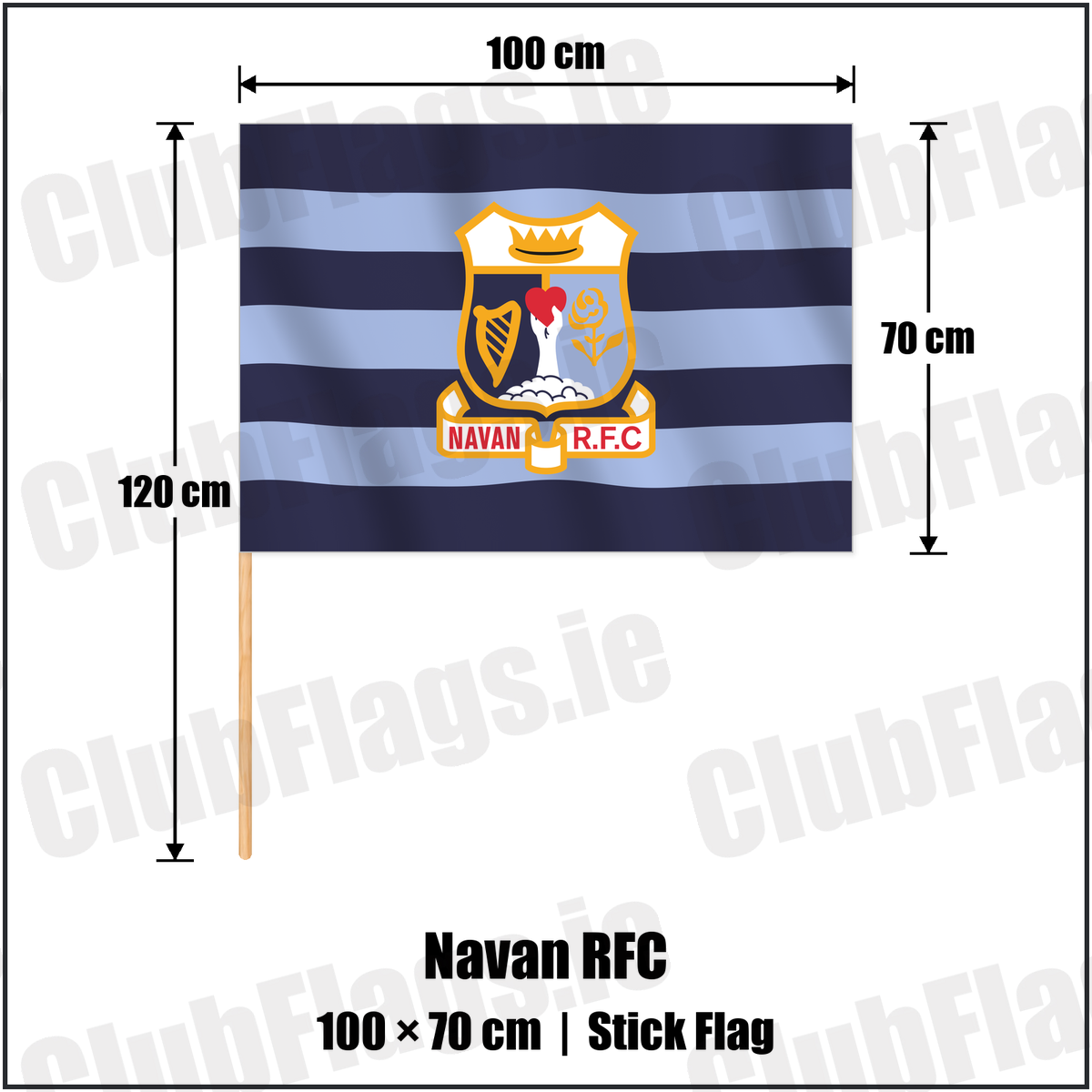Navan RFC 70cm x 100cm Stick Flag with the club crest and colours, Meath Rugby - ClubFlags.ie