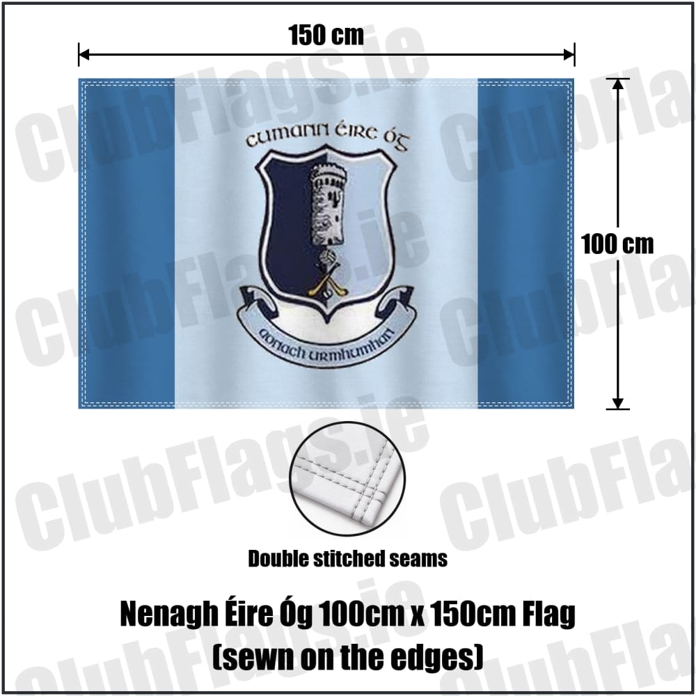 Nenagh Éire Óg 100cm x 150cm Flag (sewn on the edges) in blue and pale blue, featuring the club crest on realistic fabric with gentle vertical folds; County Tipperary GAA. ClubFlags.ie.