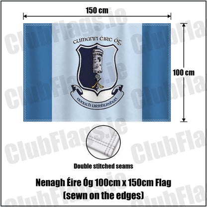 Nenagh Éire Óg 100cm x 150cm Flag (sewn on the edges) in blue and pale blue, featuring the club crest on realistic fabric with gentle vertical folds; County Tipperary GAA. ClubFlags.ie.