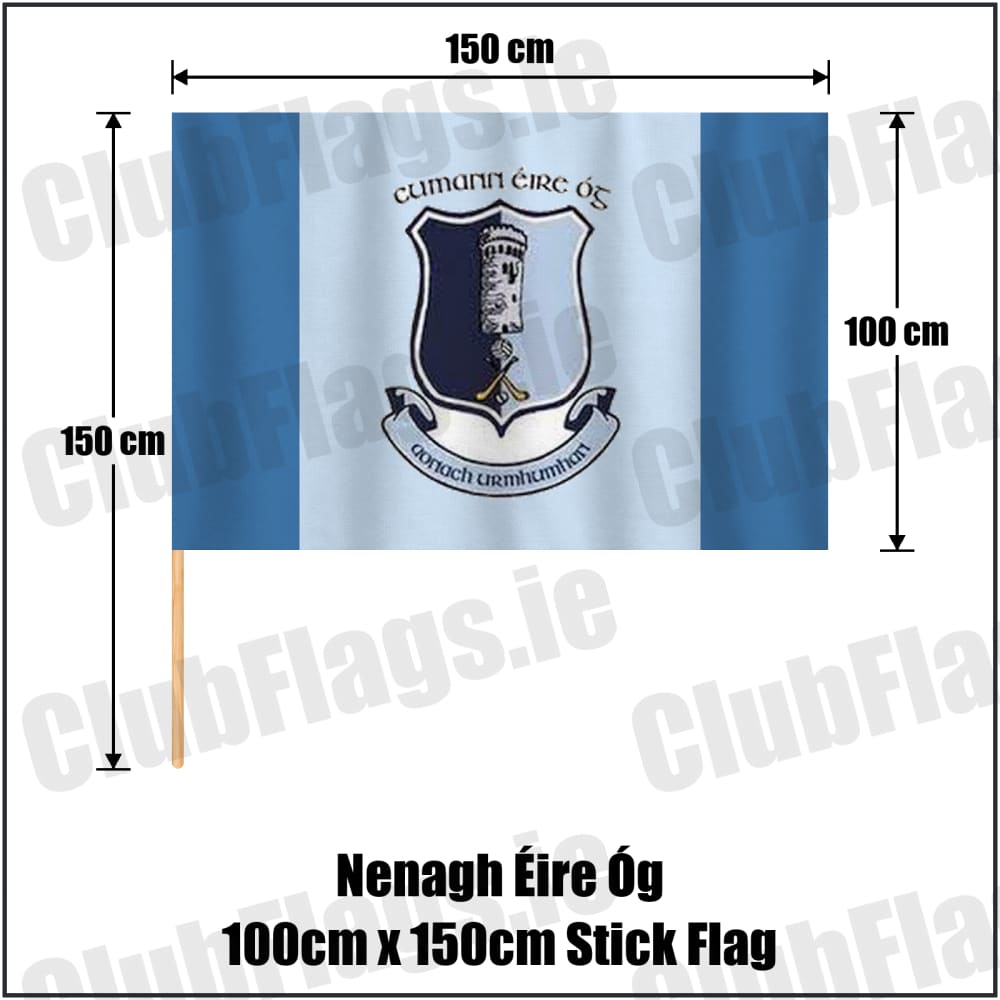 Nenagh Éire Óg 100cm x 150cm Stick Flag in blue and pale blue, featuring the club crest on realistic fabric with gentle vertical folds; County Tipperary GAA. ClubFlags.ie.