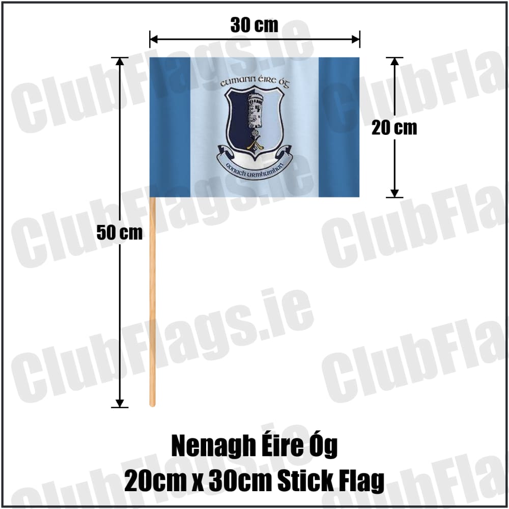 Nenagh Éire Óg 20cm x 30cm Stick Flag in blue and pale blue, featuring the club crest on realistic fabric with gentle vertical folds; County Tipperary GAA. ClubFlags.ie.
