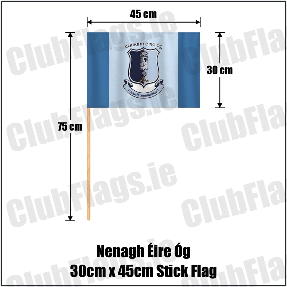 Nenagh Éire Óg 30cm x 45cm Stick Flag in blue and pale blue, featuring the club crest on realistic fabric with gentle vertical folds; County Tipperary GAA. ClubFlags.ie.