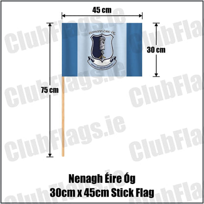 Nenagh Éire Óg 30cm x 45cm Stick Flag in blue and pale blue, featuring the club crest on realistic fabric with gentle vertical folds; County Tipperary GAA. ClubFlags.ie.