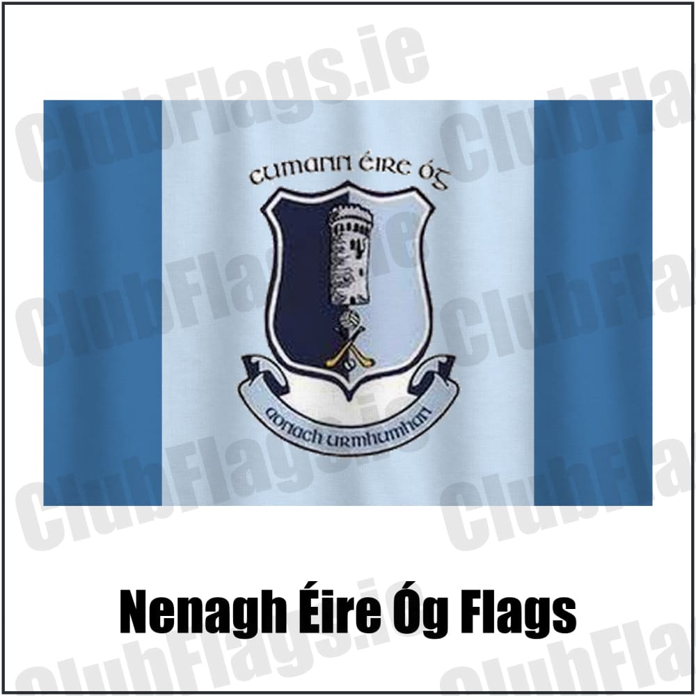 Nenagh Éire Óg Flags in blue and pale blue, featuring the club crest on realistic fabric with gentle vertical folds; County Tipperary GAA. ClubFlags.ie.