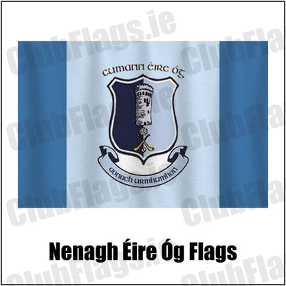 Nenagh Éire Óg Flags in blue and pale blue, featuring the club crest on realistic fabric with gentle vertical folds; County Tipperary GAA. ClubFlags.ie.