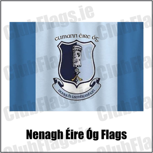 Nenagh Éire Óg Flags in blue and pale blue, featuring the club crest on realistic fabric with gentle vertical folds; County Tipperary GAA. ClubFlags.ie.