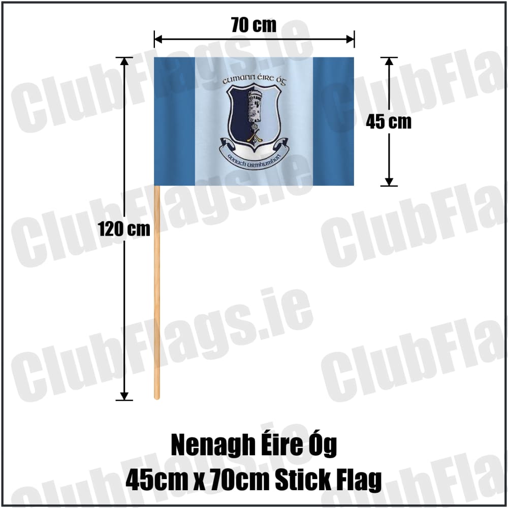 Nenagh Éire Óg 45cm x 70cm Stick Flag in blue and pale blue, featuring the club crest on realistic fabric with gentle vertical folds; County Tipperary GAA. ClubFlags.ie.