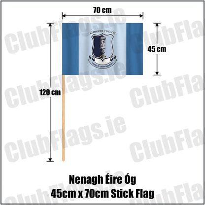 Nenagh Éire Óg 45cm x 70cm Stick Flag in blue and pale blue, featuring the club crest on realistic fabric with gentle vertical folds; County Tipperary GAA. ClubFlags.ie.