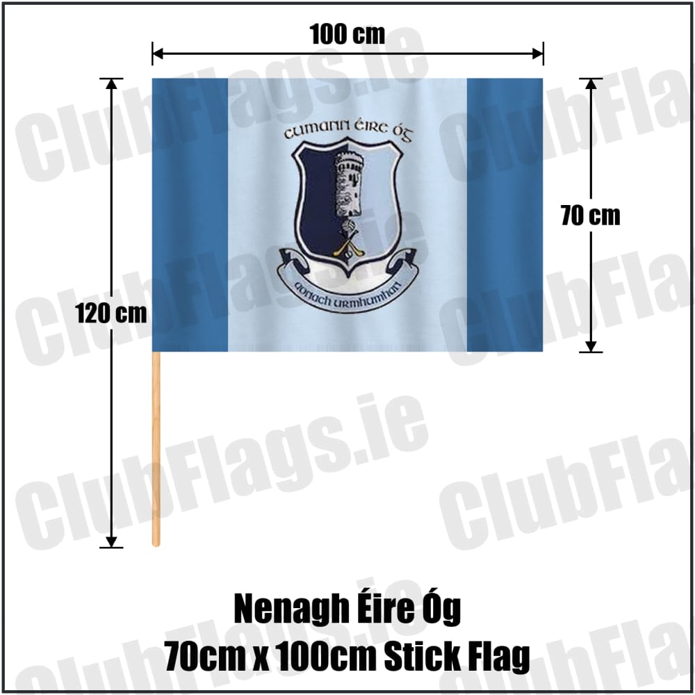 Nenagh Éire Óg 70cm x 100cm Stick Flag in blue and pale blue, featuring the club crest on realistic fabric with gentle vertical folds; County Tipperary GAA. ClubFlags.ie.