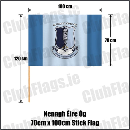 Nenagh Éire Óg 70cm x 100cm Stick Flag in blue and pale blue, featuring the club crest on realistic fabric with gentle vertical folds; County Tipperary GAA. ClubFlags.ie.